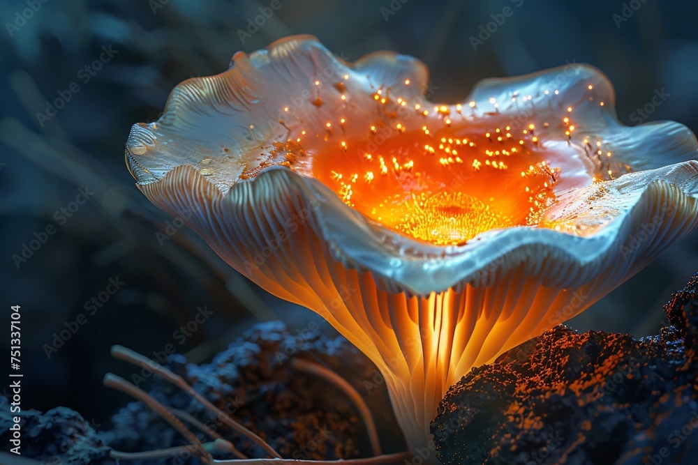 a mushroom with glowing light - obrazy, fototapety, plakaty 