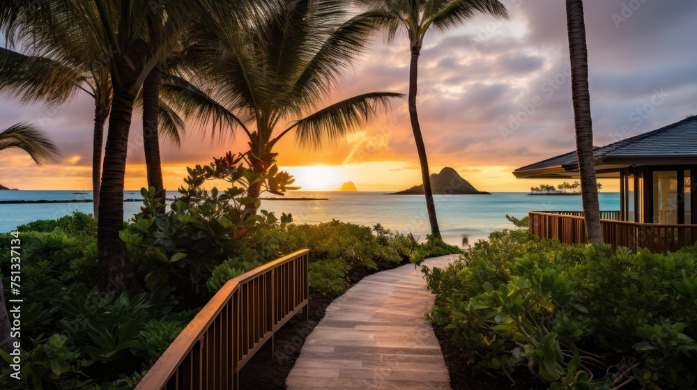 Tropical sunset view from a path leading to beachfront rentals.