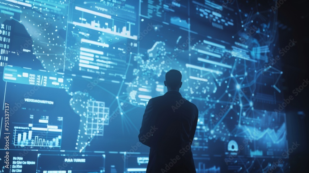 Businessman working with floating data visualization screen Businessman working with floating data visualization screen