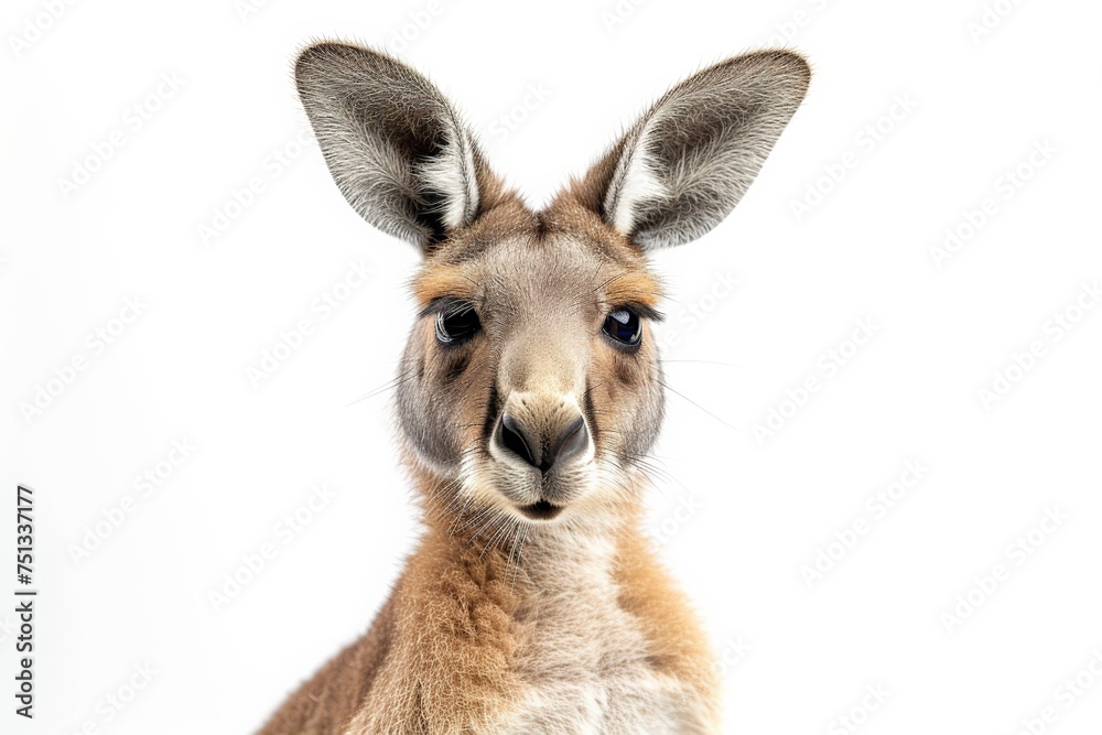 Close up portrait of a curious kangaroo staring into the camera against a plain white background