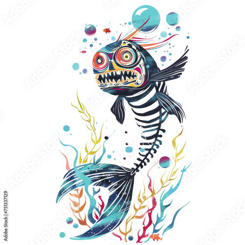 Vibrant Skeleton Fish with Coral Illustration
