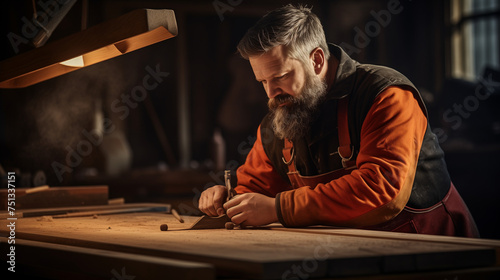 Master Carpenter Marking Wood in Workshop. Generative Al photo
