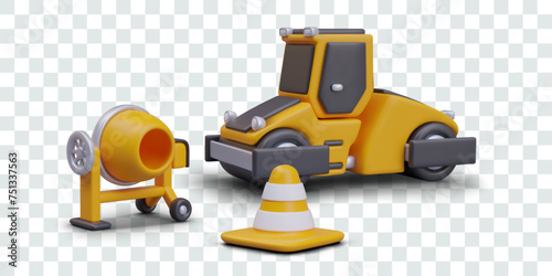 Yellow concrete mixer, asphalt paver, signal cone. Professional equipment