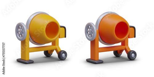 Set of empty concrete mixers of different colors. Electrical equipment