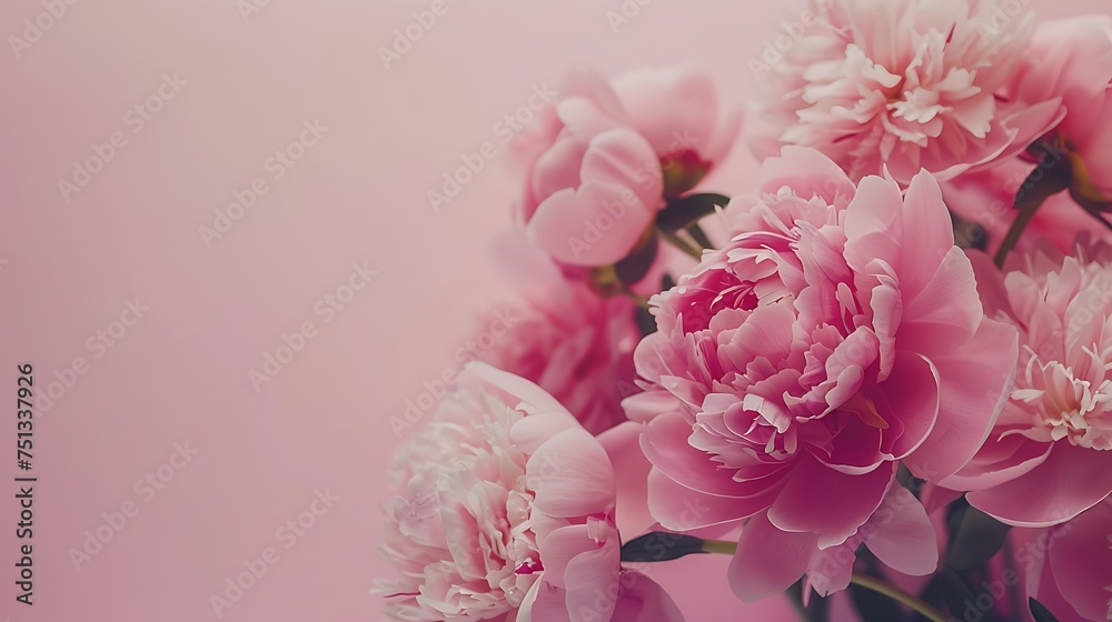 Tender peonies on pink background with copy space. Abstract natural floral frame layout with text space. Romantic feminine composition. Wedding invitation. International Women day. Generative Ai Tender peonies on pink background with copy space. Abstract natural floral frame layout with text space. Romantic feminine composition. Wedding invitation. International Women day. Generative Ai