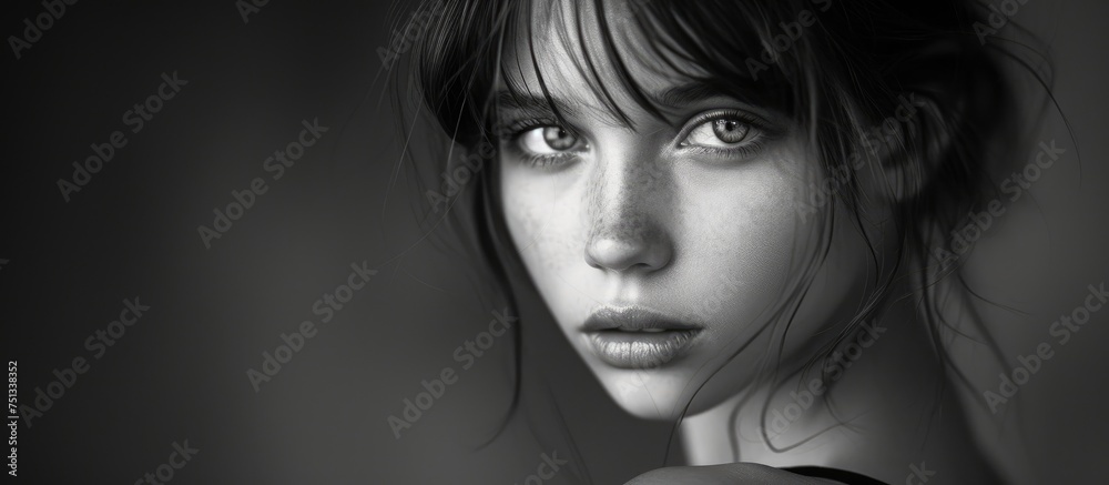 A close-up black and white portrait of a European woman with bare shoulders, showcasing her big eyes and distinct facial features. The photograph captures her expression with clarity and depth. A close-up black and white portrait of a European woman with bare shoulders, showcasing her big eyes and distinct facial features. The photograph captures her expression with clarity and depth.