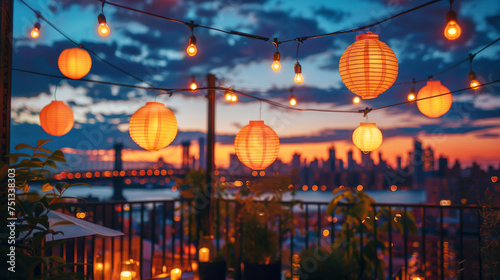 Festive rooftop garden party at sunset with string lights and city skyline view photo