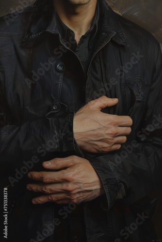 A man in a black coat is holding his hands together