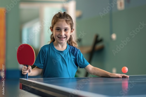 A young girl is smiling and holding a red paddle, ready to play ping pong photo