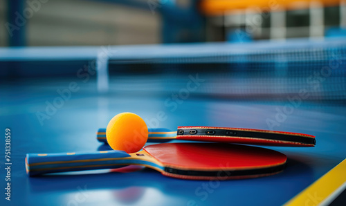 A red and blue paddle with a ball on it sits on a blue table © Alejandro