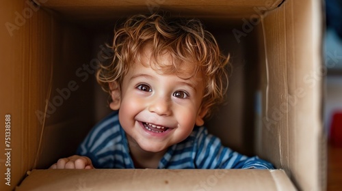naughty boy smiling playing in cardboard box