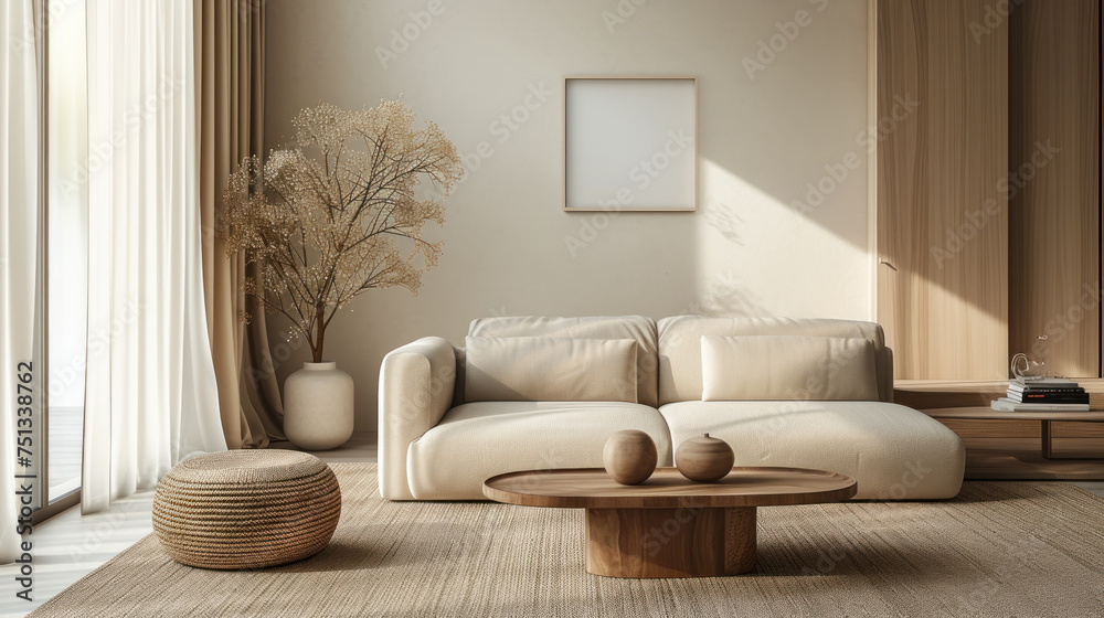 A modern living room, Interior design photo frame mock-up exudes comfort with a soft sofa and natural elements, bathed in warm light