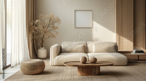A modern living room, Interior design photo frame mock-up exudes comfort with a soft sofa and natural elements, bathed in warm light © DJSPIDA FOTO