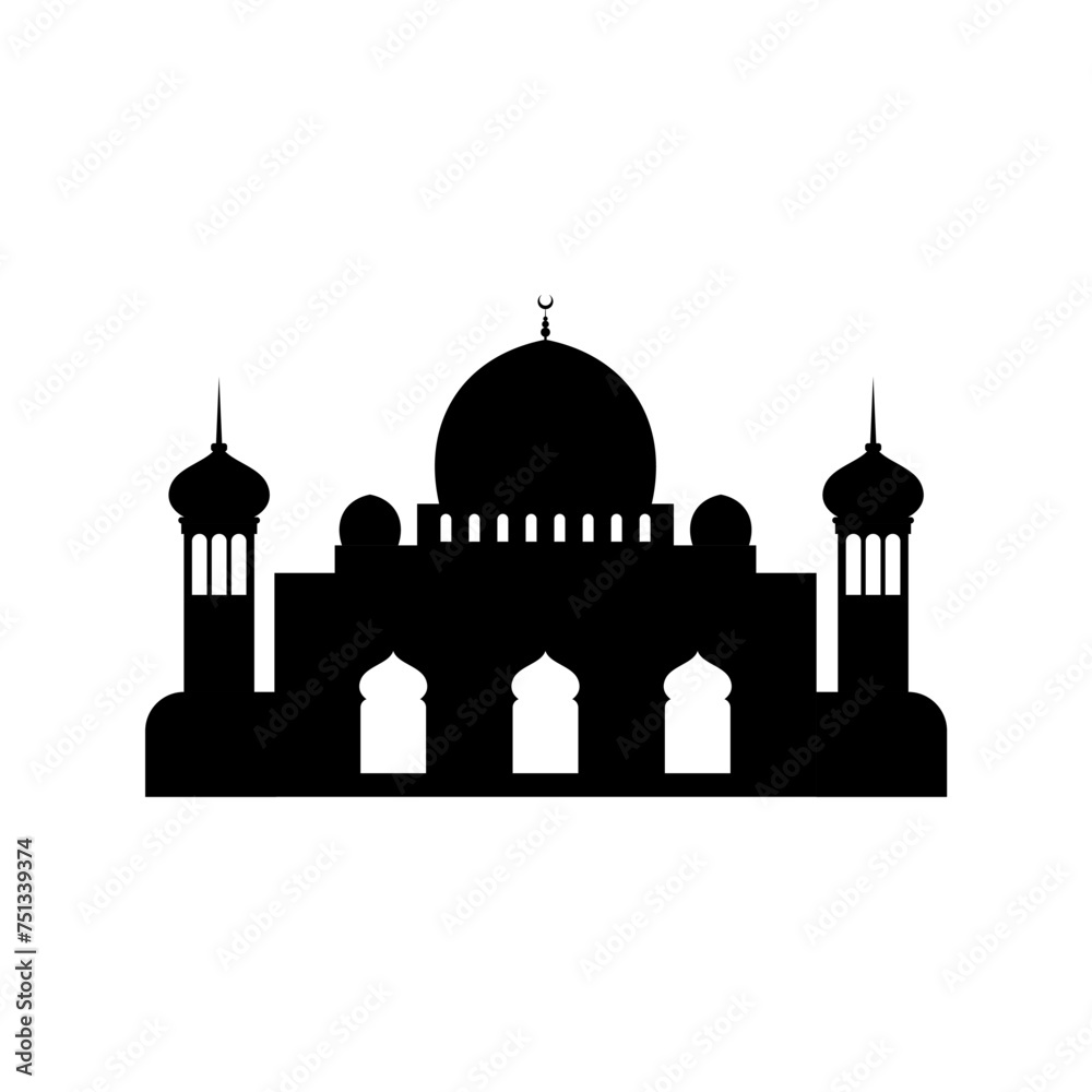 Ramadan Kareem silhouette of mosque. Silhouette mosque flat design vector illustration isolated on white background. Islamic mosque buildings, Banner design, and Ramadhan background.
