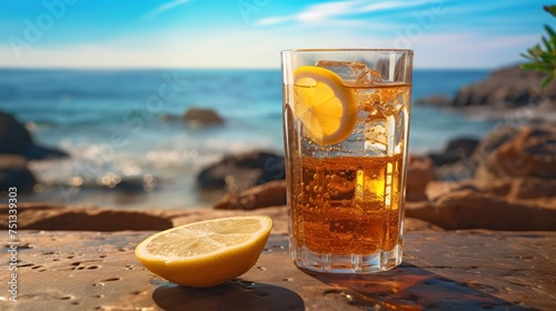 Refreshing iced tea with lemon on the beach at sunset.