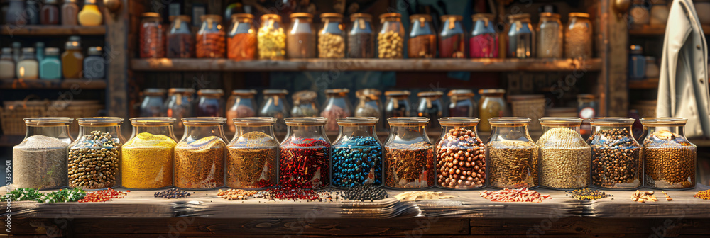 Glass jars filled with various seeds and spices on market shelf, with loose spices and seeds spread on the counter. Design for global cuisine, spice trade, and culinary arts concept.