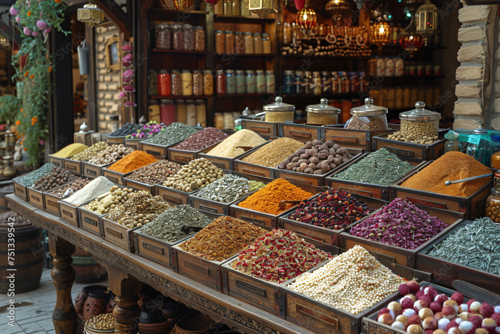 Vast selection of grains, seeds, and spices in market trays, with ornamental containers and market ambiance. Design for culinary diversity, ingredient market, and traditional spices concept.