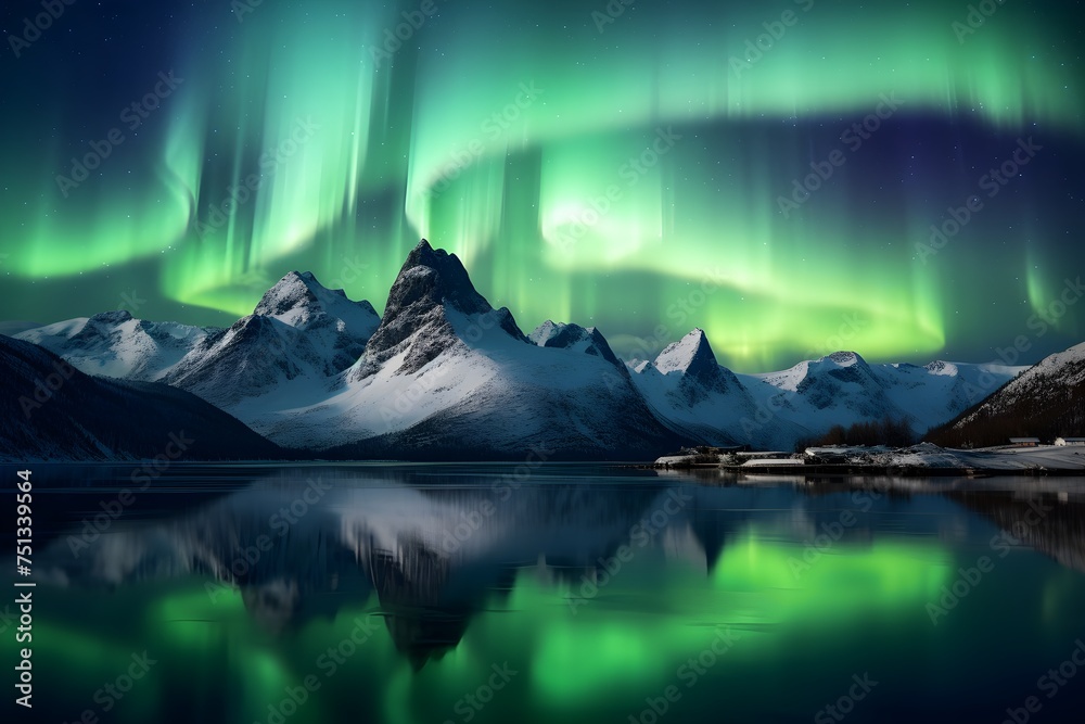 Beautiful natural landscape in northern under mountains at night
