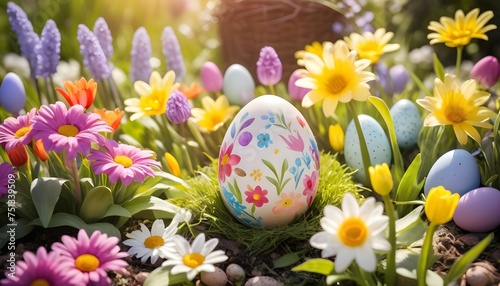  3d Easter banner with chocolate rabbits and beautiful painted eggs set on grass. Concept of Easter egg hunt or egg decorating art. 