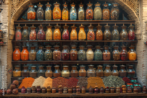 Variety of beans and seeds in glass jars on wooden shelves above heaps of spices and mini jars in a traditional market stall. Design for pantry organization, ingredient storage, and market display con photo