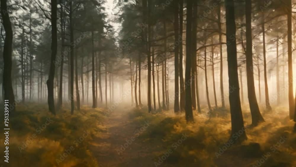The blurred exterior of a foggy forest during sunrise. The blurred exterior of a foggy forest during sunrise.