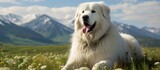 A Great Pyrenees dog, a majestic and greatly beloved breed, is peacefully lying on top of a lush green field. The dogs white fur blends beautifully with the vibrant greenery of the field.
