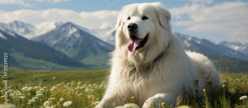 A Great Pyrenees dog, a majestic and greatly beloved breed, is peacefully lying on top of a lush green field. The dogs white fur blends beautifully with the vibrant greenery of the field.