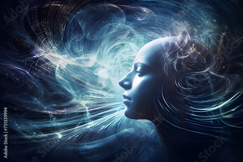 various vibrational frequencies of energy, Woman facing spirituality Waves of energy, An image of a lady in profile whose skin and hair are made of luminous digital particles, signifying the fusion  photo