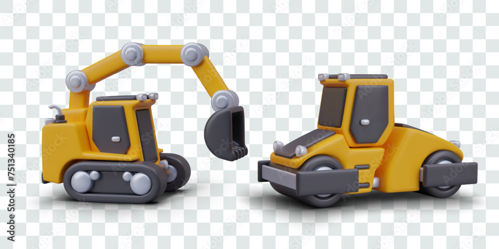 Realistic excavator and road roller. Set of heavy equipment for road construction Realistic excavator and road roller. Set of heavy equipment for road construction