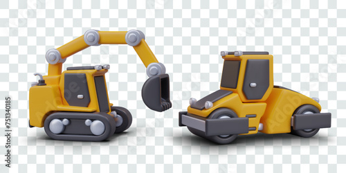Realistic excavator and road roller. Set of heavy equipment for road construction