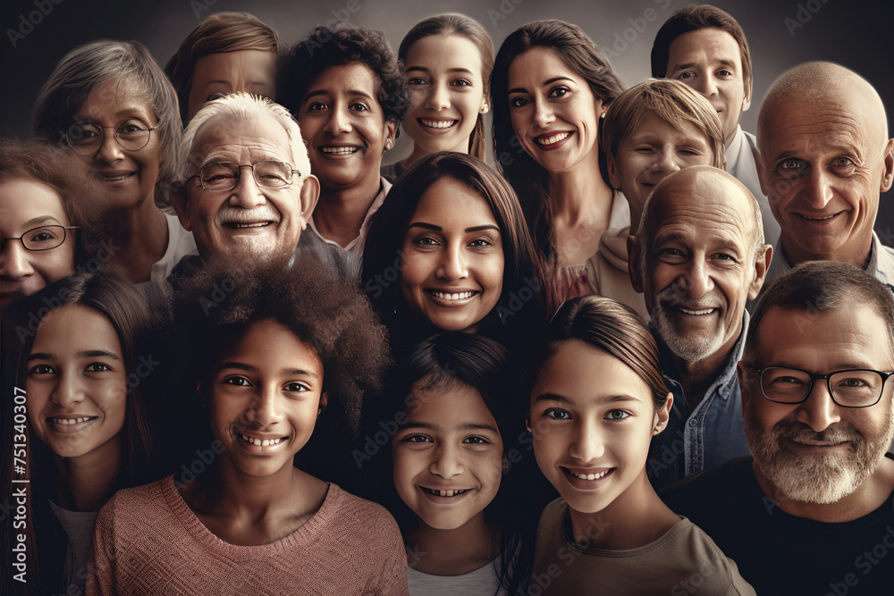 Large group of happy multiethnic and multi-generation people. Created with AI.