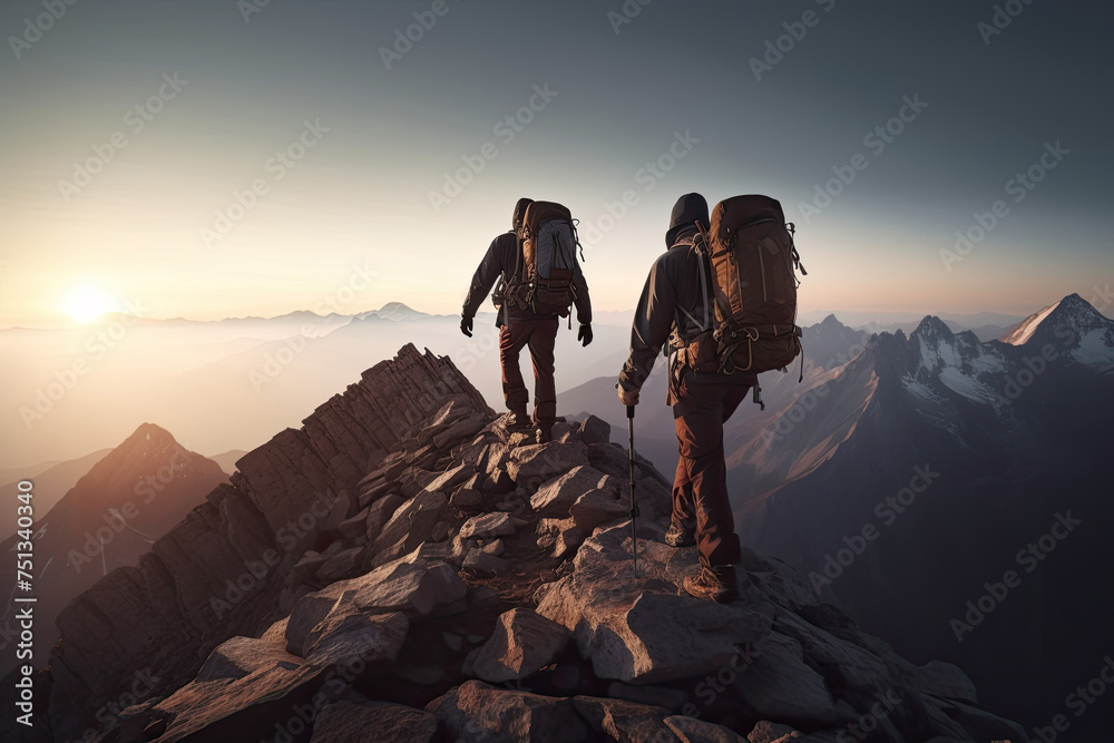 Two mountain climbers trekking on the top of a mountain with the mountain range in the background. Created with AI