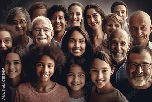 Large group of happy multiethnic and multi-generation people. Created with AI.