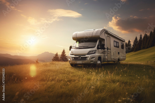 nice motorhome parked in the middle of nature, motorhome rental concept - created with AI -
