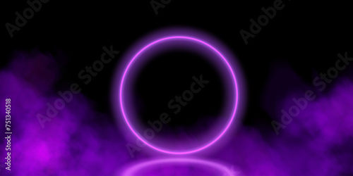 Magical geometric circle neon portal shrouded in light smoke. Round glowing frame, futuristic teleporter. light effect. Bright lights illuminate a night scene on a black background. Runway light effec