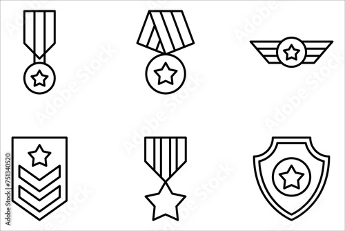 Military reward medal line icon set, outline vector sign, linear style pictogram isolated on white background