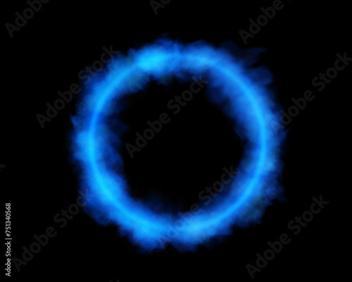 Magical geometric circle neon portal shrouded in light smoke. Round glowing frame, futuristic teleporter. light effect. Bright lights illuminate a night scene on a black background. Runway light effec
