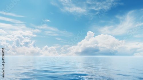 Below the serene  azure heavens  stretches the vast ocean  adorned with fluffy clouds.