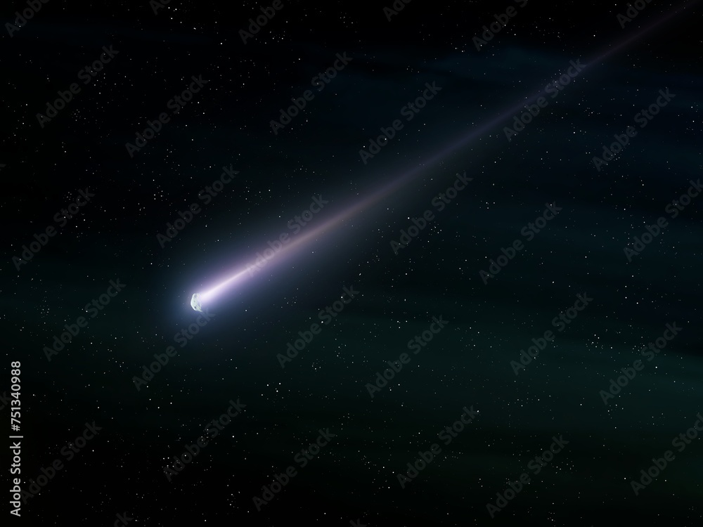 Meteorite in the sky with stars. Falling star on a black background. Fireball glows at night.