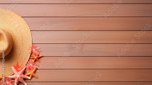 Summer beach hat and starfish arranged on a wooden board with space for text.
