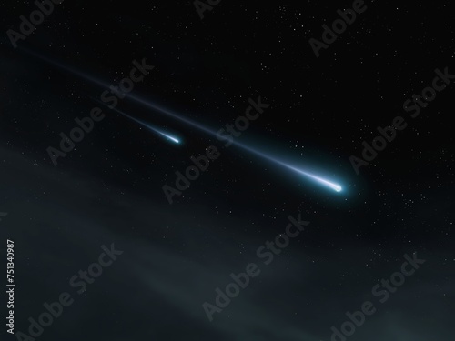 Two meteorites lit up the sky. Meteor shower, beautiful fireballs. Meteor trails against the background of stars at night.