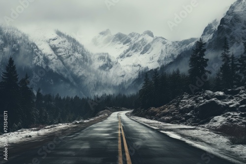 Snowy road with mountain view. Winter alpine scenic landscape nature. Generate ai © juliars