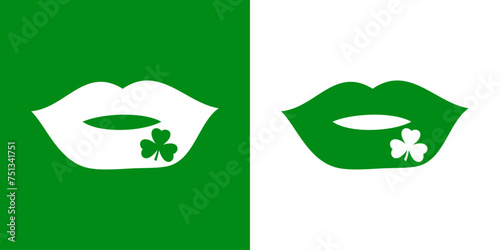 Día de San Patricio. Beso irlandés. Logo con silueta de labios de mujer con shamrock de 3 hojas en espacio negativo