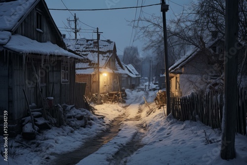 Snowy russian village street. Chalet cabin. Generate AI