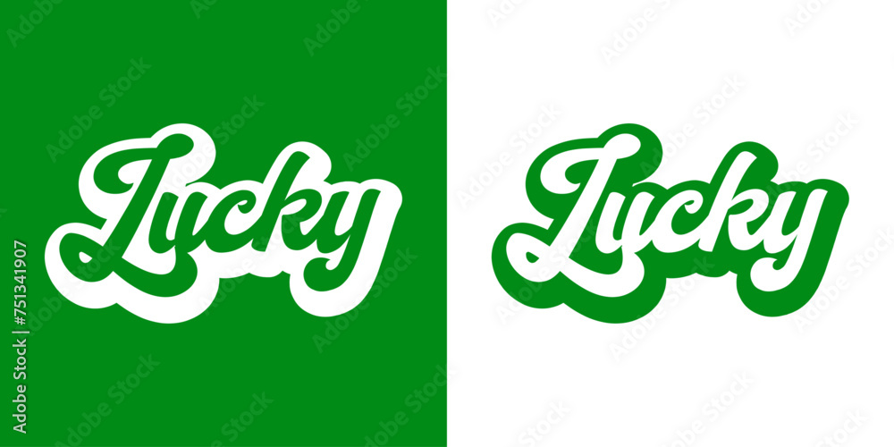 Día de San Patricio. Logo con palabra Lucky en texto manuscrito con sombra para tarjetas y felicitaciones