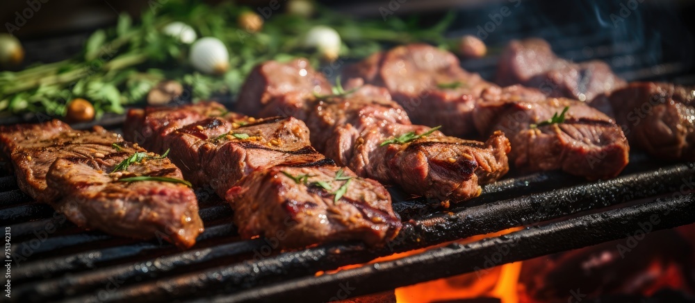 Marinated lamb steaks and assorted vegetables sizzle on the hot grill during a BBQ session. The flames char the outer edges while the juices seep into the meat, creating a savory aroma.