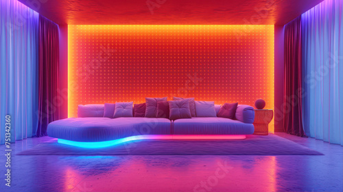 interior with sofa. in red and blue tones