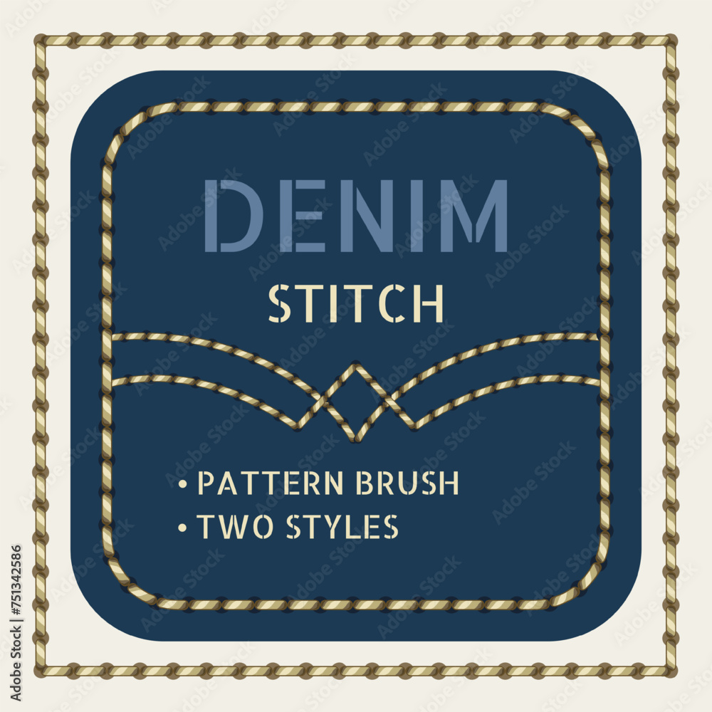 Seamless pattern brush with denim stitch. Brush with end, start tiles. Design element for vintage design. Two styles.