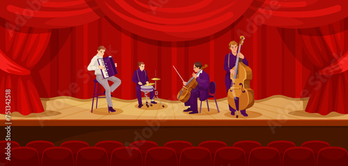 Group of musicians are playing on a stage in front of red curtain. Musicians are dressed in black and white and are playing variety of instruments including cello, trombone, tuba. Vector illustration