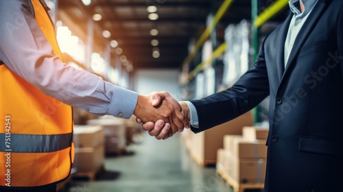 Business handshake in a warehouse between two employees photo